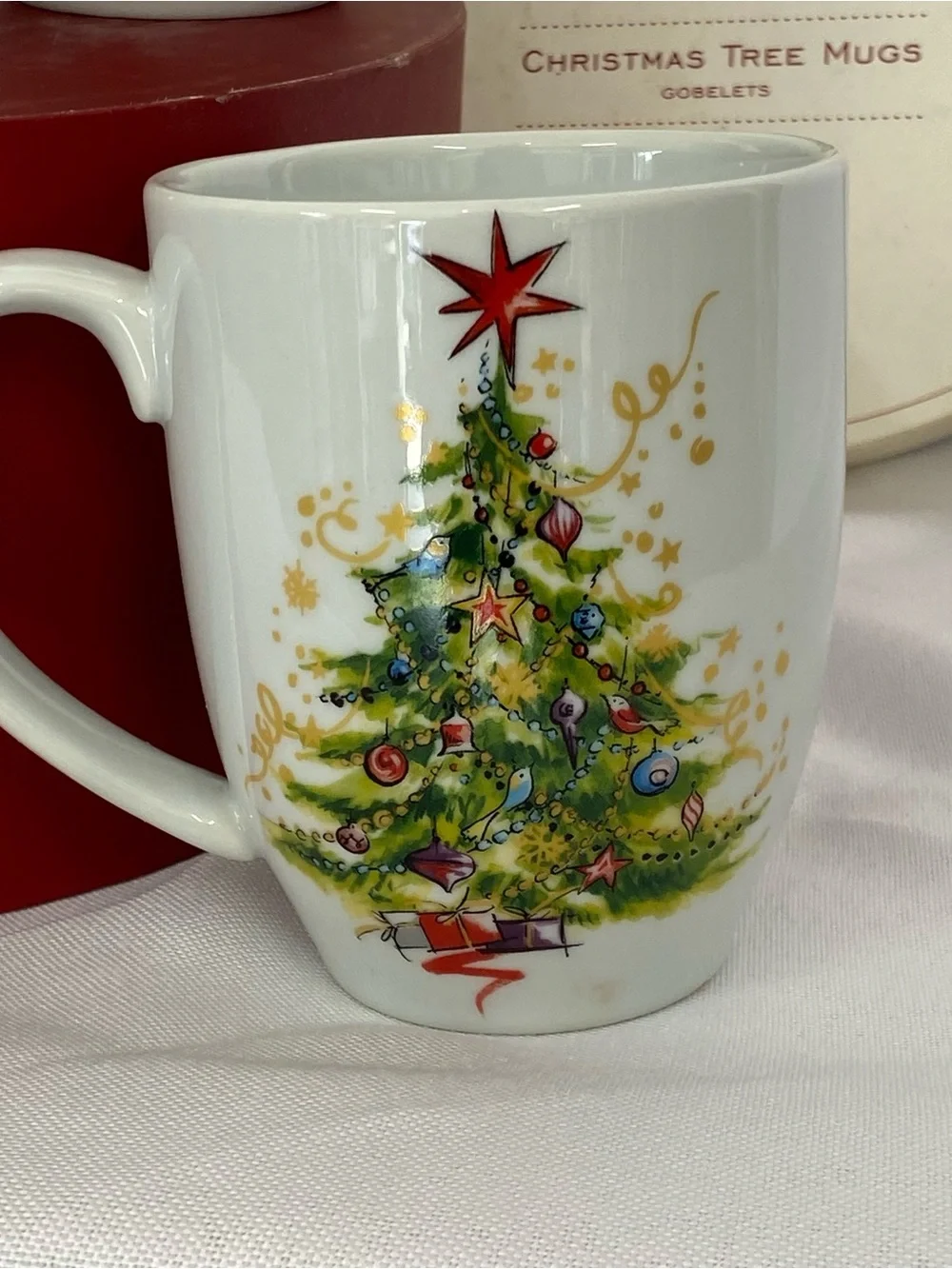 Pottery Barn Holiday Cheer Christmas Tree All is Bright All is Calm Mug Set Of 4